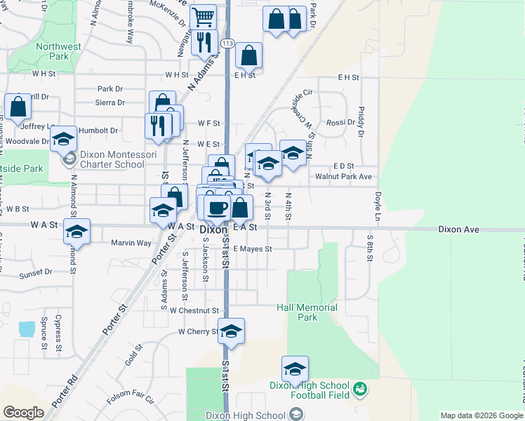 map of restaurants, bars, coffee shops, grocery stores, and more near 200 East B Street in Dixon