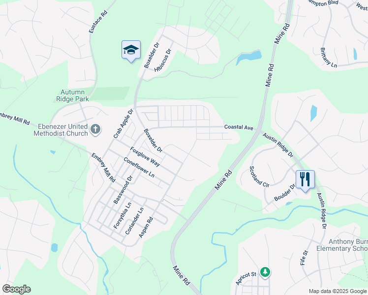 map of restaurants, bars, coffee shops, grocery stores, and more near 445 Gladiola Way in Stafford