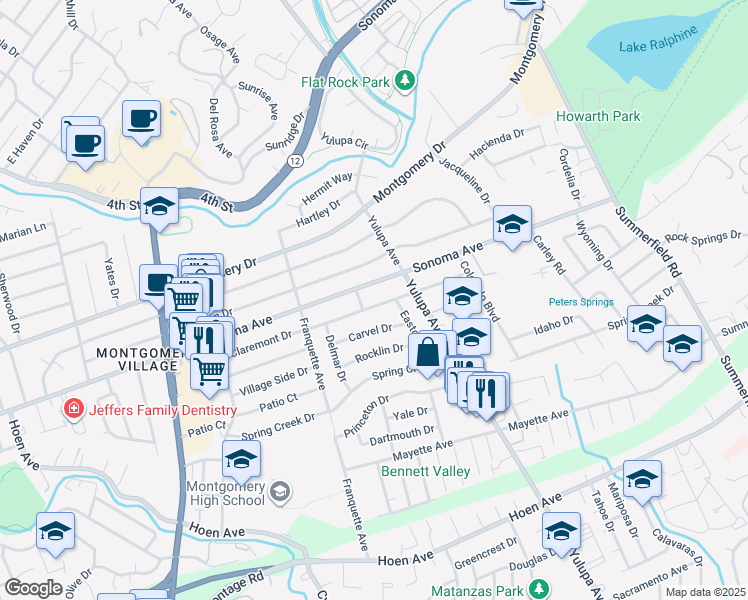 map of restaurants, bars, coffee shops, grocery stores, and more near 3121 Claremont Dr in Santa Rosa