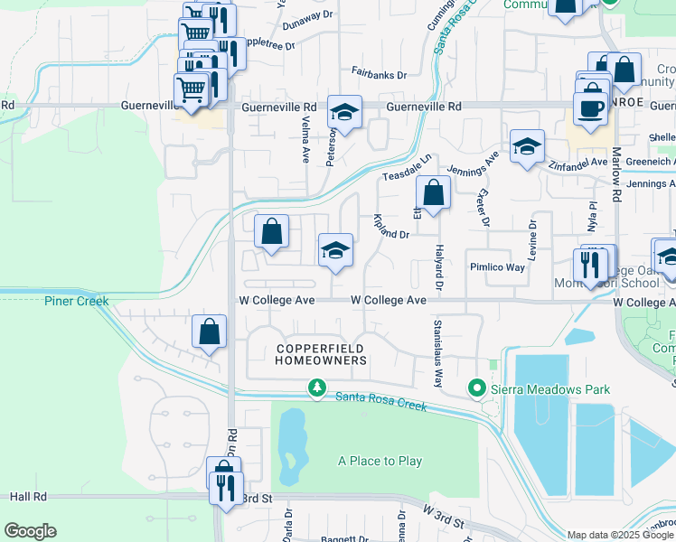 map of restaurants, bars, coffee shops, grocery stores, and more near 1128 Meridian Circle in Santa Rosa