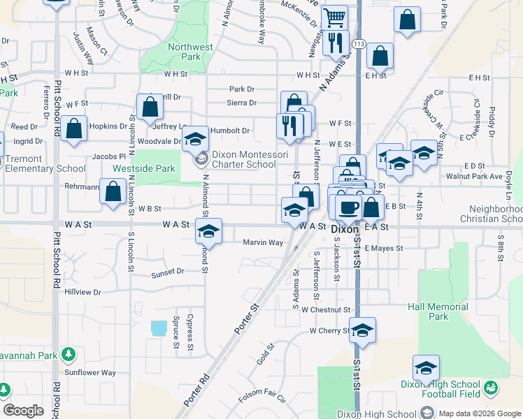 map of restaurants, bars, coffee shops, grocery stores, and more near 519 West B Street in Dixon