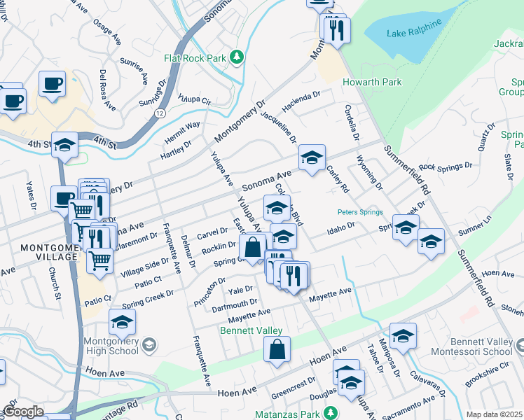 map of restaurants, bars, coffee shops, grocery stores, and more near 810 Yulupa Avenue in Santa Rosa