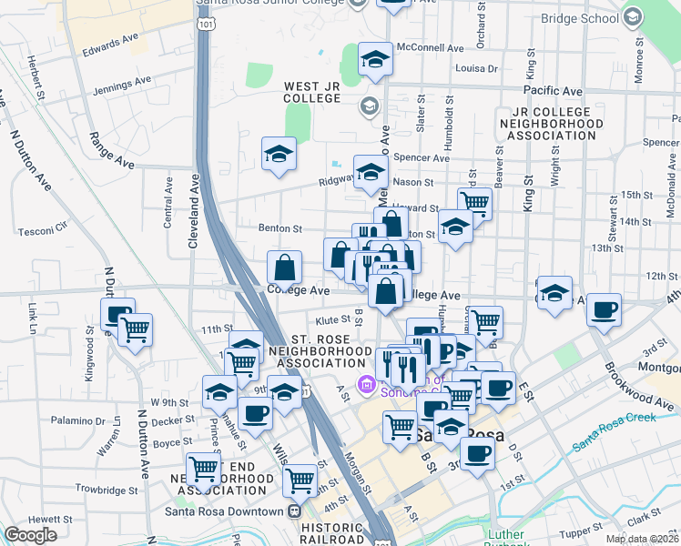 map of restaurants, bars, coffee shops, grocery stores, and more near 422 Carrillo Street in Santa Rosa