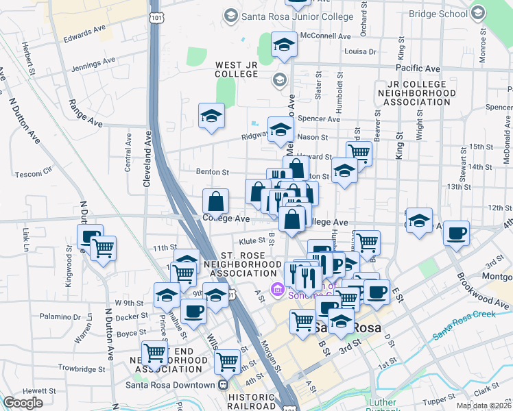 map of restaurants, bars, coffee shops, grocery stores, and more near 422 Carrillo Street in Santa Rosa