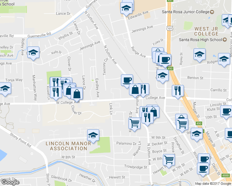 map of restaurants, bars, coffee shops, grocery stores, and more near 471 West College Avenue in Santa Rosa