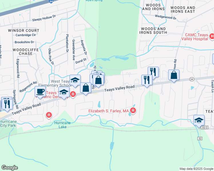 map of restaurants, bars, coffee shops, grocery stores, and more near 1415 Teays Valley Road in Hurricane