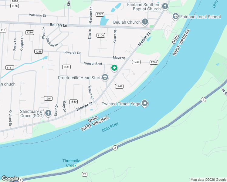 map of restaurants, bars, coffee shops, grocery stores, and more near 9408 County Road 107 in Proctorville