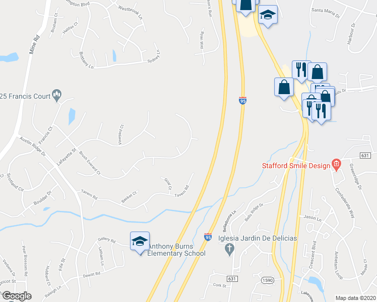 map of restaurants, bars, coffee shops, grocery stores, and more near 98 Brush Everard Court in Stafford