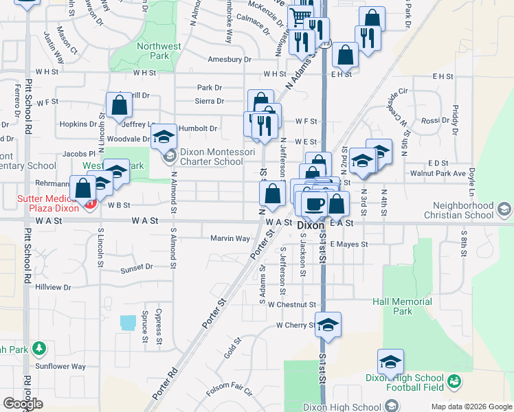 map of restaurants, bars, coffee shops, grocery stores, and more near 485 West B Street in Dixon