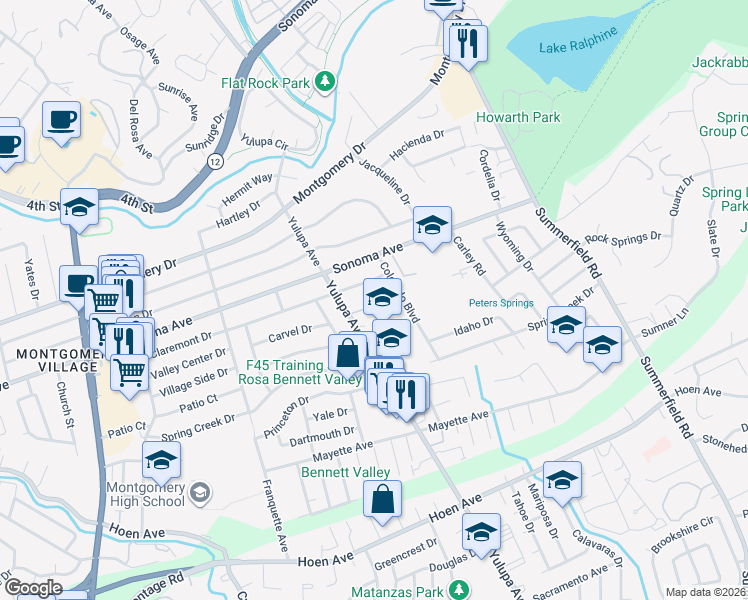map of restaurants, bars, coffee shops, grocery stores, and more near 3329 Claremont Court in Santa Rosa
