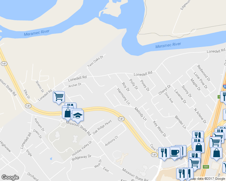 map of restaurants, bars, coffee shops, grocery stores, and more near 1674 Tempo Lane in Arnold