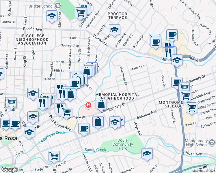 map of restaurants, bars, coffee shops, grocery stores, and more near 1529 Leonard Ave in Santa Rosa