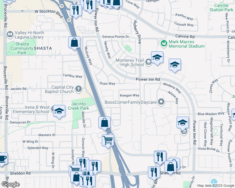 map of restaurants, bars, coffee shops, grocery stores, and more near 8568 Hawley Way in Elk Grove