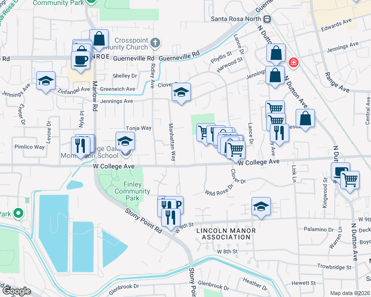map of restaurants, bars, coffee shops, grocery stores, and more near 1385 West College Avenue in Santa Rosa