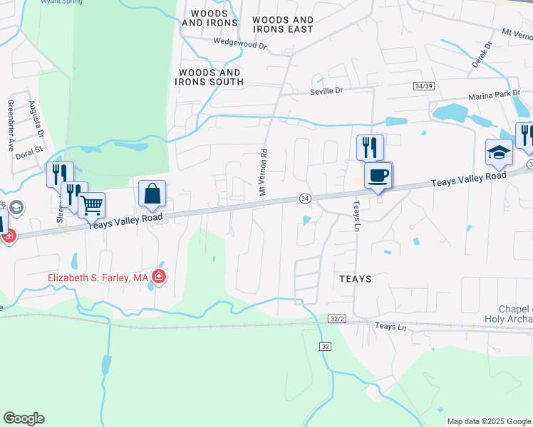 map of restaurants, bars, coffee shops, grocery stores, and more near 3370 Teays Valley Road in Hurricane