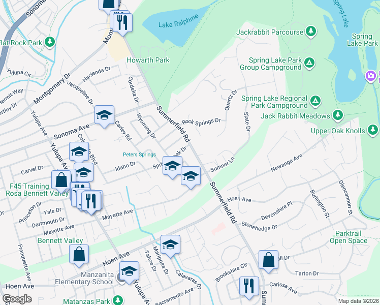 map of restaurants, bars, coffee shops, grocery stores, and more near 1007 Summerfield Road in Santa Rosa