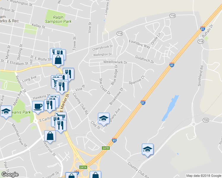 map of restaurants, bars, coffee shops, grocery stores, and more near 811 Blue Ridge Drive in Harrisonburg