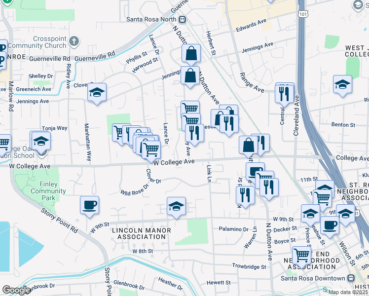 map of restaurants, bars, coffee shops, grocery stores, and more near 1197 Eardley Ave in Santa Rosa