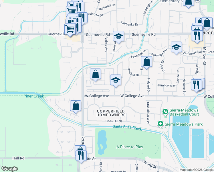 map of restaurants, bars, coffee shops, grocery stores, and more near 37 Yorkshire Drive in Santa Rosa
