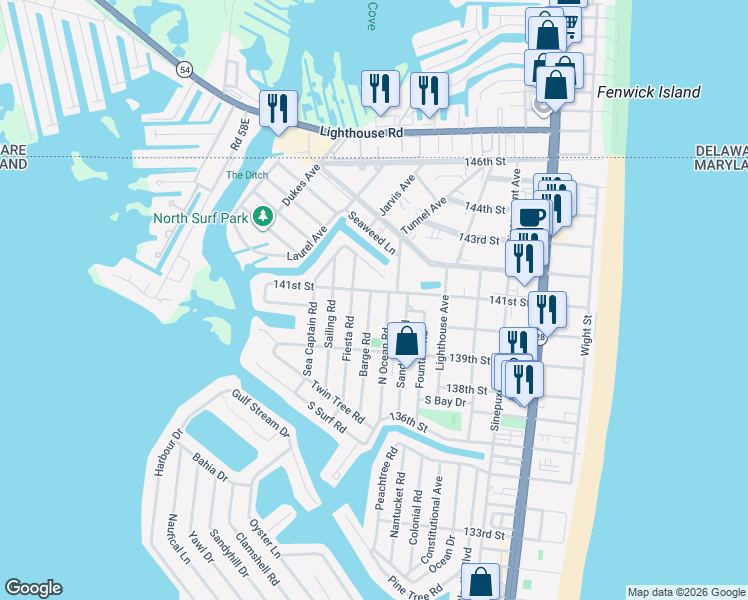 map of restaurants, bars, coffee shops, grocery stores, and more near 14012 Barge Rd in Ocean City