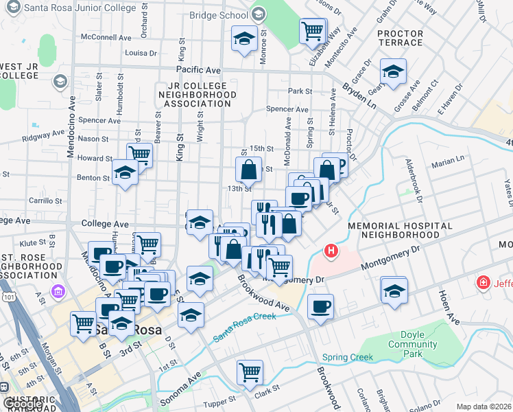map of restaurants, bars, coffee shops, grocery stores, and more near 701 Monroe Street in Santa Rosa