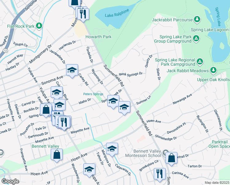 map of restaurants, bars, coffee shops, grocery stores, and more near 3723 Spring Creek Drive in Santa Rosa