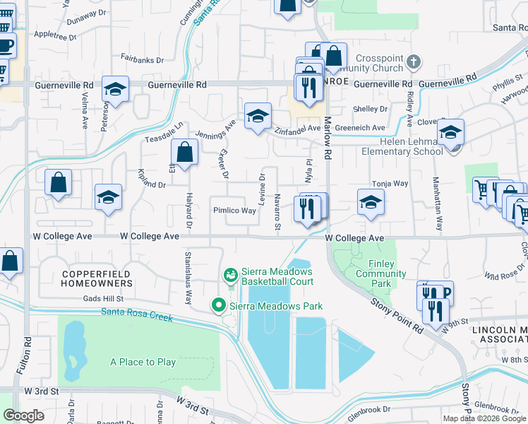 map of restaurants, bars, coffee shops, grocery stores, and more near 1120 Levine Drive in Santa Rosa