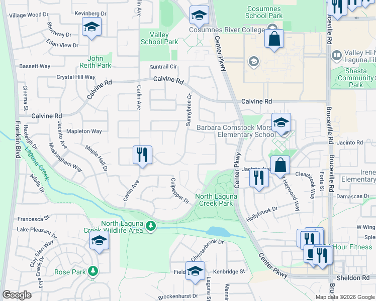 map of restaurants, bars, coffee shops, grocery stores, and more near 1 Starview Court in Sacramento