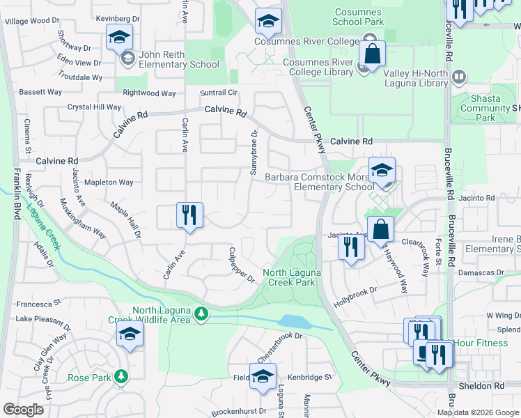 map of restaurants, bars, coffee shops, grocery stores, and more near 7 Starview Court in Sacramento