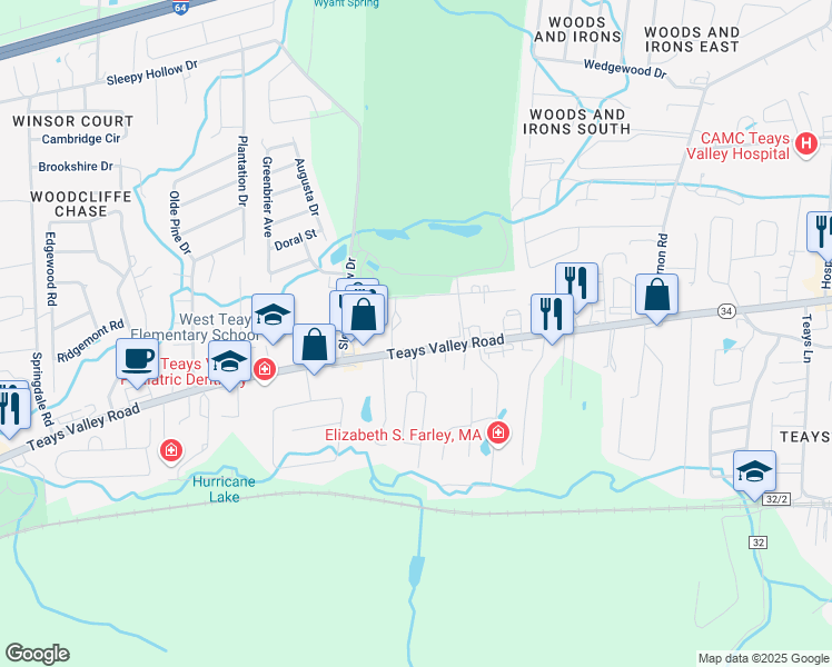 map of restaurants, bars, coffee shops, grocery stores, and more near 1415 Teays Valley Rd in Hurricane