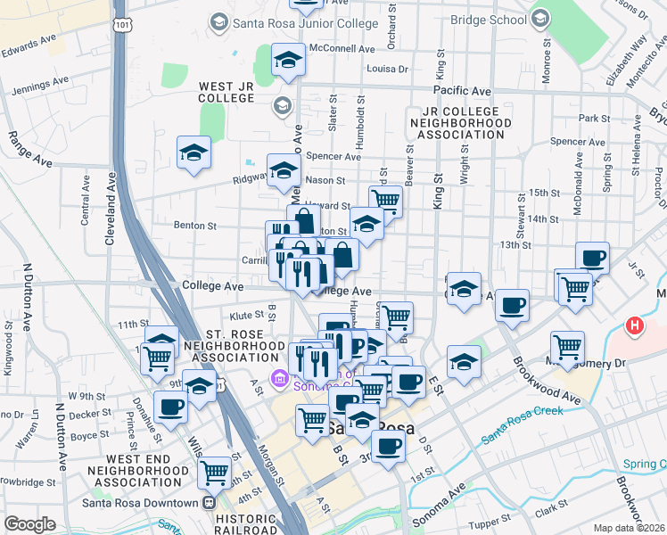 map of restaurants, bars, coffee shops, grocery stores, and more near 731 Slater Street in Santa Rosa