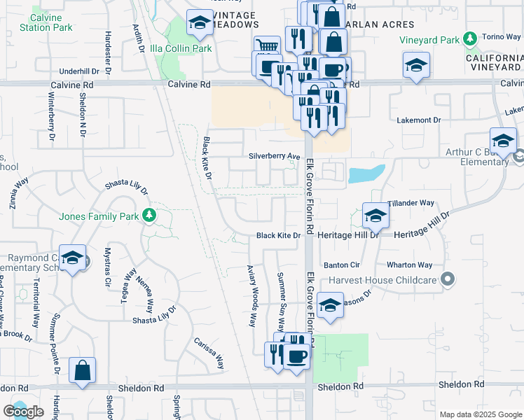 map of restaurants, bars, coffee shops, grocery stores, and more near 8561 Black Cherry Court in Elk Grove