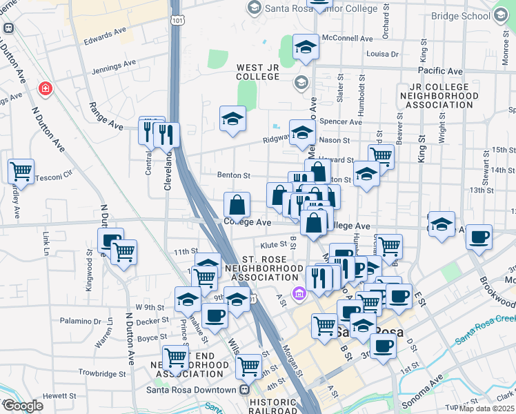 map of restaurants, bars, coffee shops, grocery stores, and more near 342 Carrillo Street in Santa Rosa