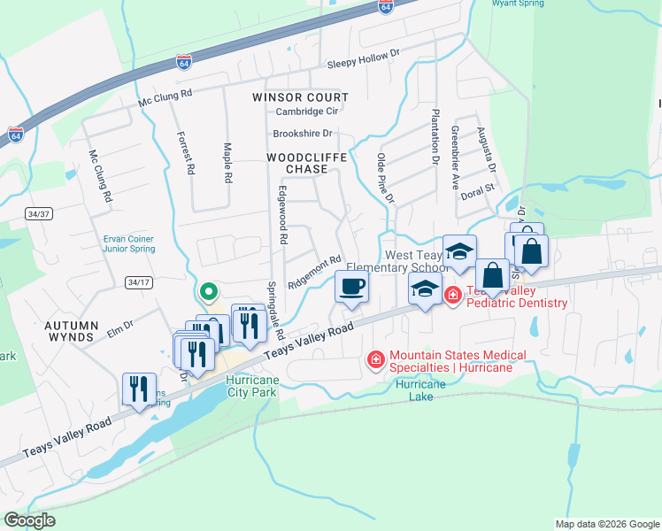 map of restaurants, bars, coffee shops, grocery stores, and more near 138 Ridgemont Rd in Hurricane