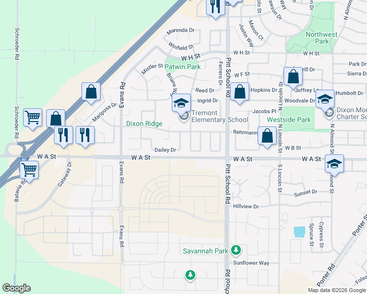 map of restaurants, bars, coffee shops, grocery stores, and more near 210 Ahern Lane in Dixon