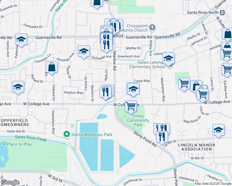map of restaurants, bars, coffee shops, grocery stores, and more near 1226 Marlow Road in Santa Rosa