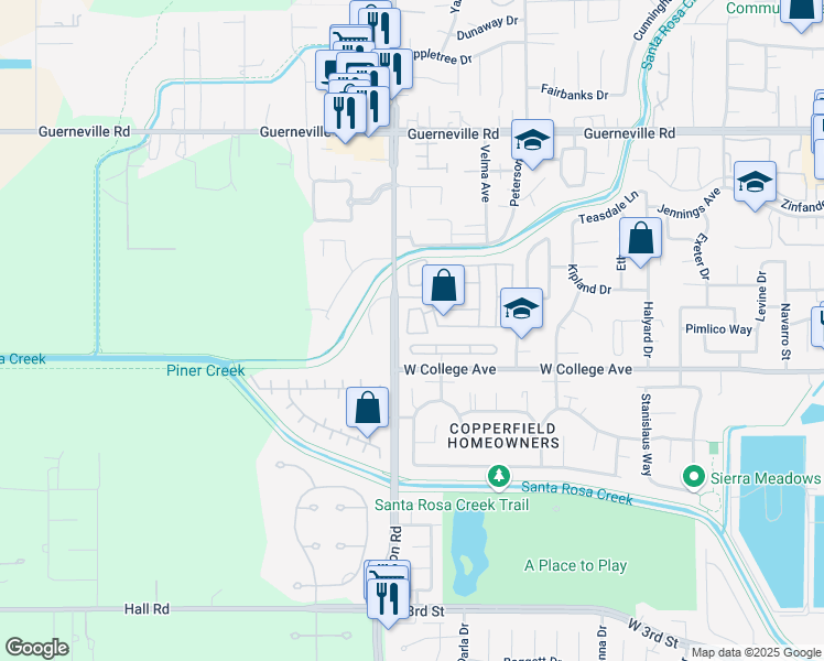 map of restaurants, bars, coffee shops, grocery stores, and more near 16 Heyford Circle in Santa Rosa