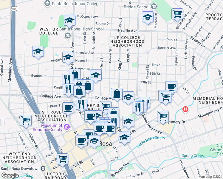 map of restaurants, bars, coffee shops, grocery stores, and more near 732 Beaver Street in Santa Rosa
