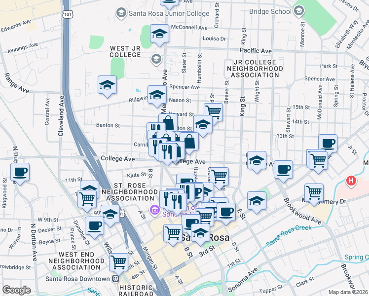 map of restaurants, bars, coffee shops, grocery stores, and more near 731 Slater Street in Santa Rosa
