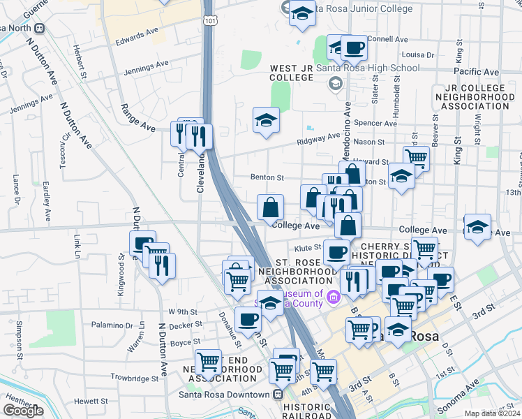 map of restaurants, bars, coffee shops, grocery stores, and more near 300 Carrillo Street in Santa Rosa