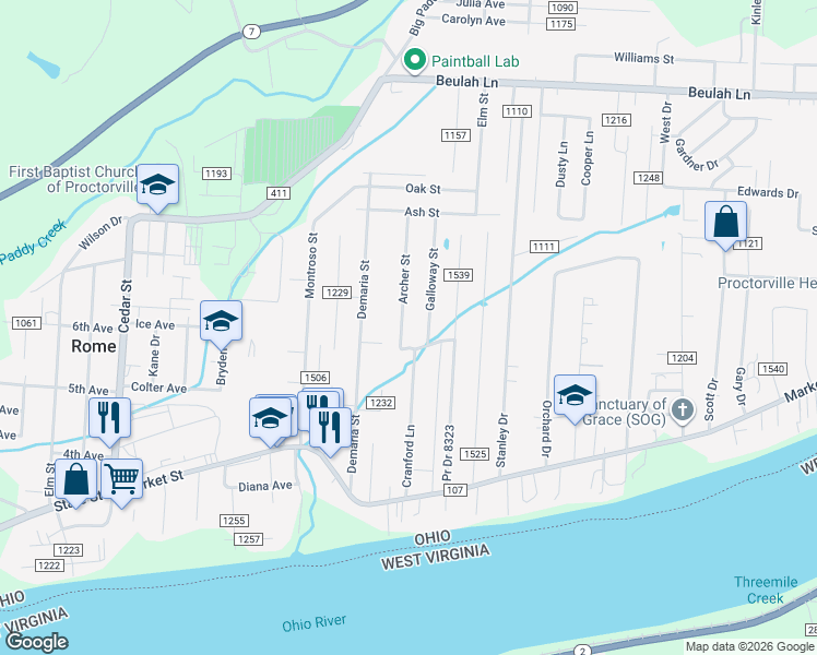 map of restaurants, bars, coffee shops, grocery stores, and more near 44 Township Road 1212 in Proctorville