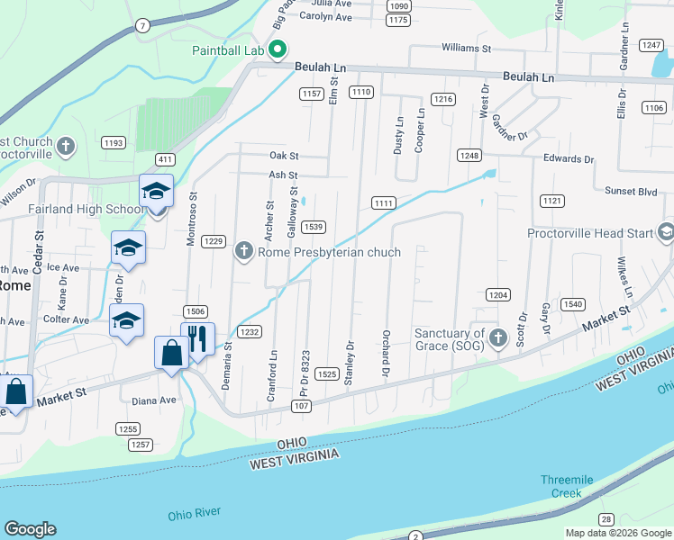 map of restaurants, bars, coffee shops, grocery stores, and more near 326 Crown Pointe Court in Proctorville