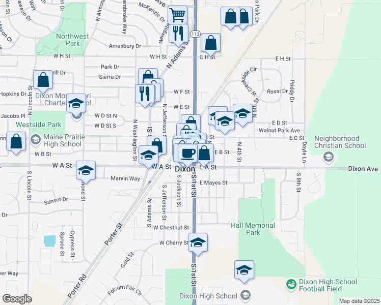 map of restaurants, bars, coffee shops, grocery stores, and more near 199 North 1st Street in Dixon