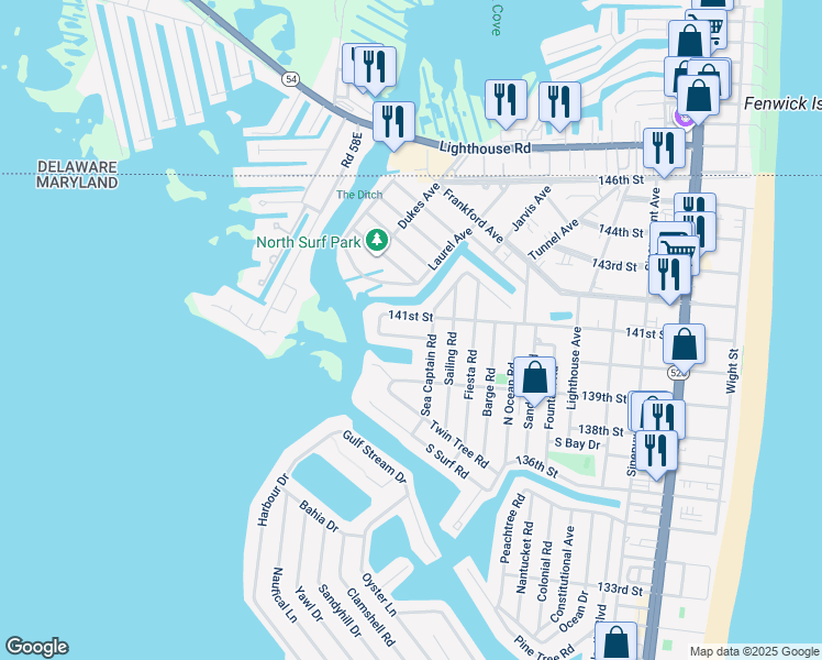 map of restaurants, bars, coffee shops, grocery stores, and more near 708 Loop Road in Ocean City