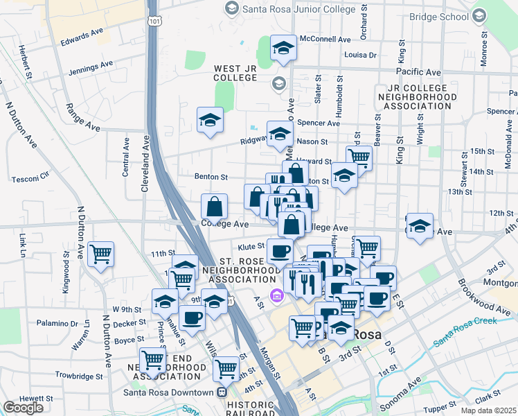 map of restaurants, bars, coffee shops, grocery stores, and more near 422 Carrillo Street in Santa Rosa