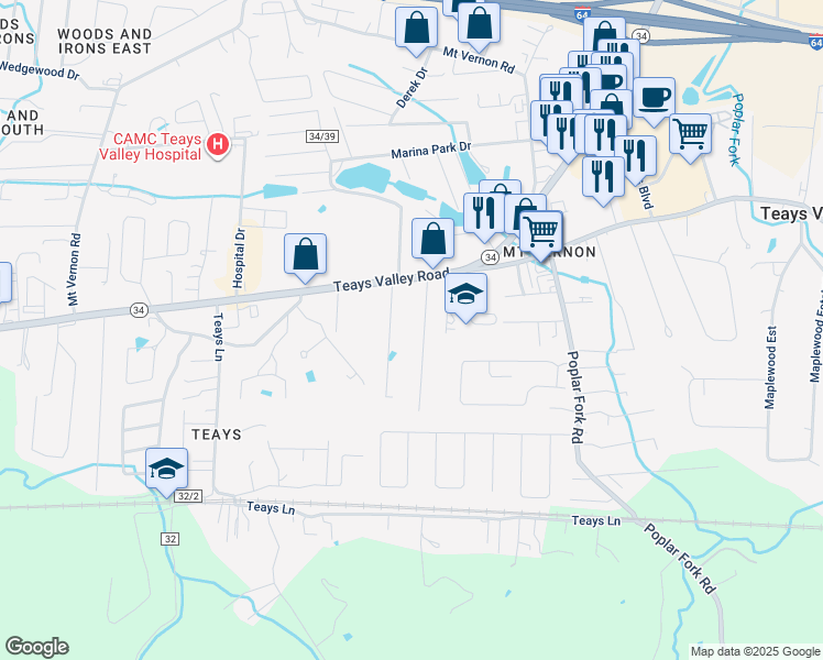 map of restaurants, bars, coffee shops, grocery stores, and more near 112 Chemar Drive in Hurricane