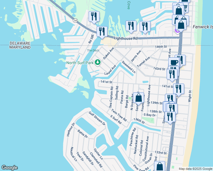 map of restaurants, bars, coffee shops, grocery stores, and more near 708 Loop Road in Ocean City