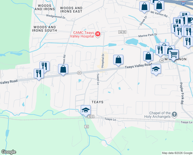 map of restaurants, bars, coffee shops, grocery stores, and more near 3861 Teays Valley Road in Hurricane