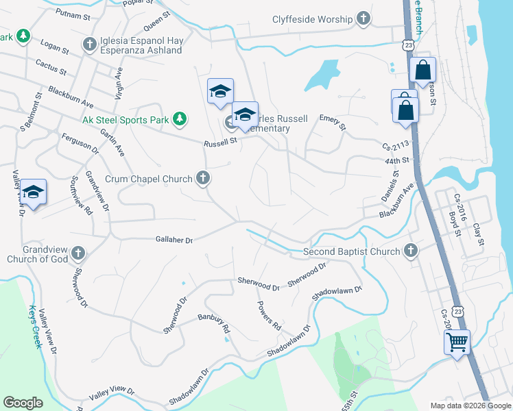 map of restaurants, bars, coffee shops, grocery stores, and more near 4800-4826 Richardson Road in Ashland