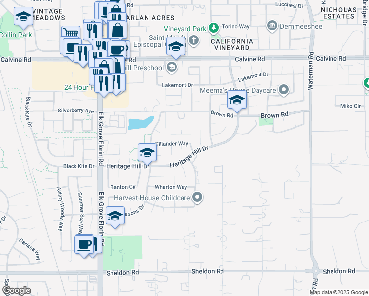 map of restaurants, bars, coffee shops, grocery stores, and more near 8565 Milsap Court in Elk Grove